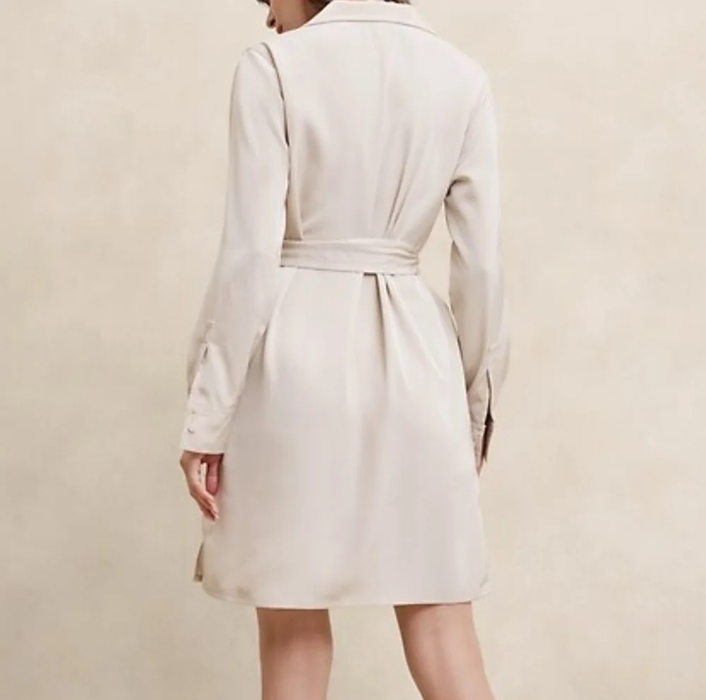Banana Republic Women's Long Sleeve Satin Twill Mini Shift Dress in Oyster Pearl